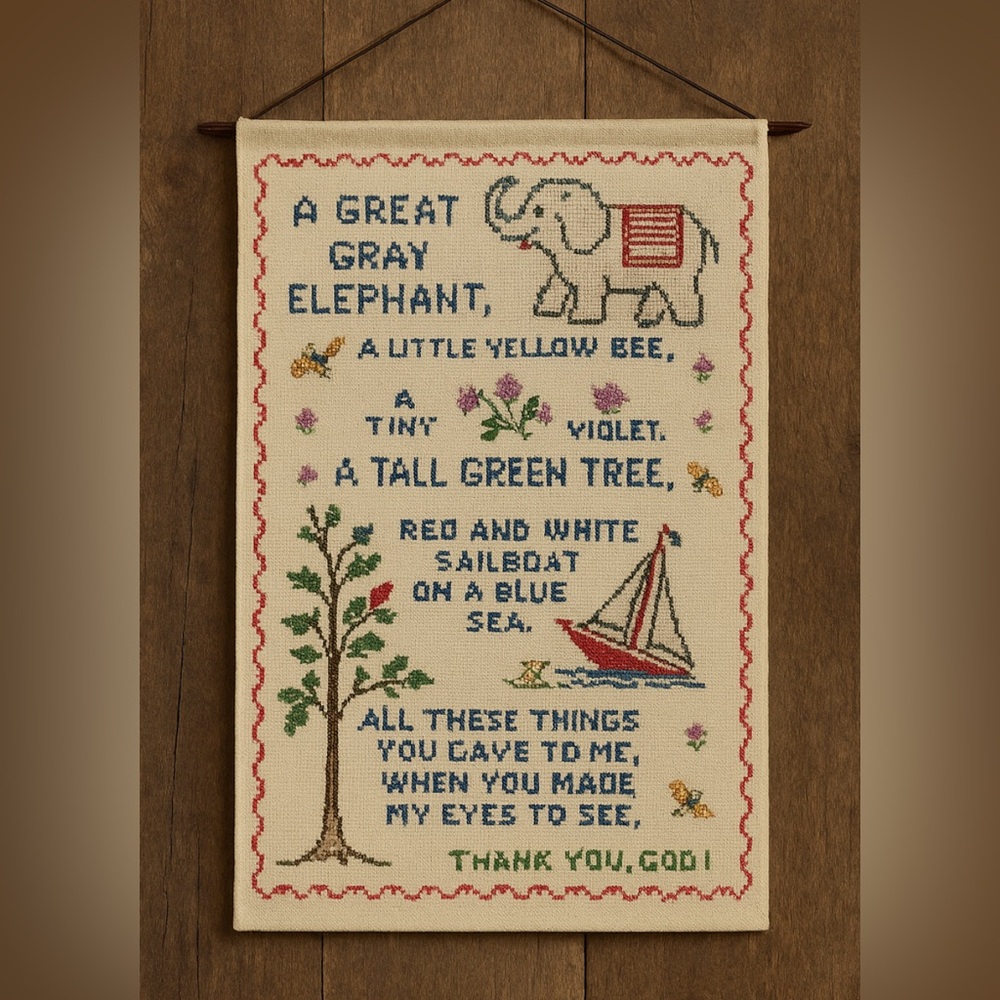 VINTAGE Needlepoint Embroidered Wall Hanging with Elephant and Sailboat